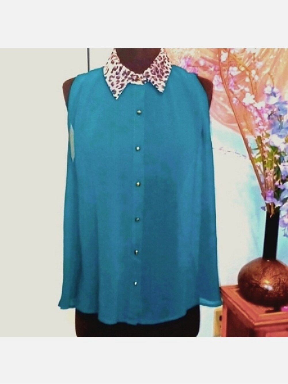 Teal Top W Printed Collar Blouse